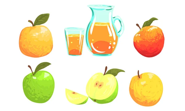 Colección de manzanas coloridas, fruta roja, verde, amarilla entera y cortada en rodajas, ilustración vectorial del jugo de manzanas — Vector de stock