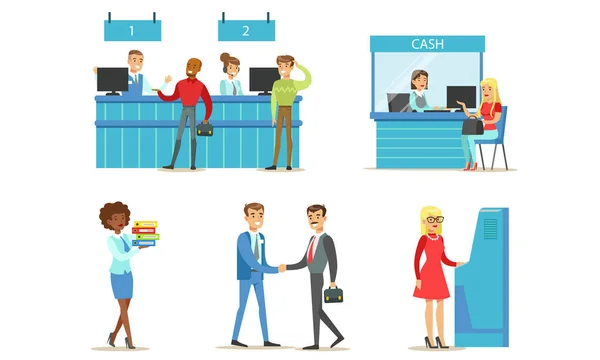 Bankchefer och kunder Set, Bankservice, Människor som gör finansiella transaktioner med pengar på Bank Office Vector Illustration — Stock vektor