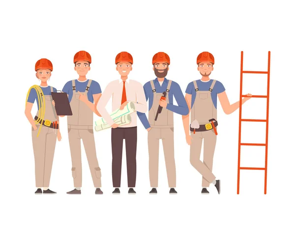 Team of builders in gray overalls and blue shirts with tools in their hands next to the stairs. — Stock Vector