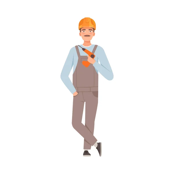 Male builder holds a drill in his hand. Vector illustration. — Stock Vector