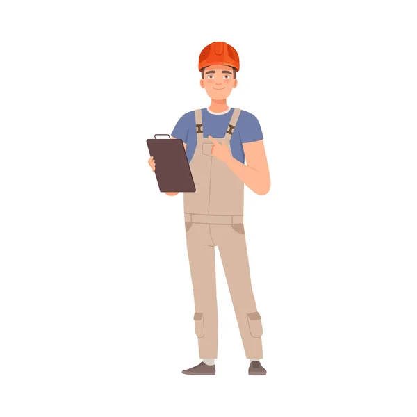 Constructor masculino en una tableta en sus manos. Ilustración vectorial . — Vector de stock