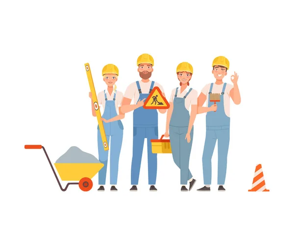 Equipe de constructeurs de routes en salopette bleue. Illustration vectorielle . — Image vectorielle