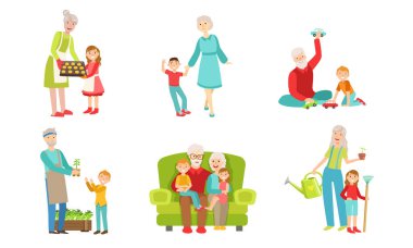 Büyükbabalar torunlarıyla vakit geçirir. Büyükbaba ve büyükanne oyun oynar, yürür, bahçede torunları ve torunları Vector Illustration ile çalışırlar.