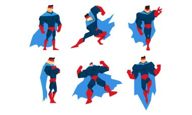 Karakter Kümesi, Farklı Eylem Pozisyonundaki Çizgi Roman Süper Kahramanı Vektör Resimleri