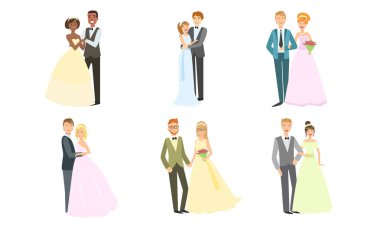 Mutlu Yeni Evli Çiftler Seti, Şık Yeni Evli, Gelin ve Damat Evliliği Kutluyor, Sarılma ve Hads Vektör İllüzyonu