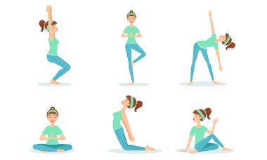 Yoga Çalışması Seti, Yoga Yapan Genç Kadın Değişik Yoga Pozisyonları İllüstrasyonu