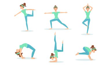 Yoga Seti Yapan Kız, Fiziksel Egzersiz Yapan Genç Kadın ve Çeşitli Yoga Pozisyonları Gösterimi