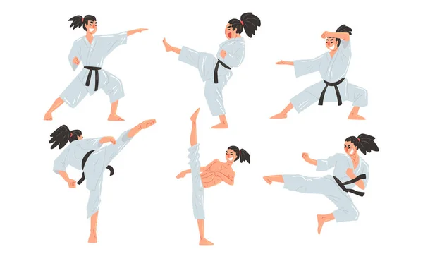 Mężczyzna Karate Fighter w białym Kimono ćwiczenia sztuki walki zestaw, człowiek robi karate wektor ilustracji — Wektor stockowy