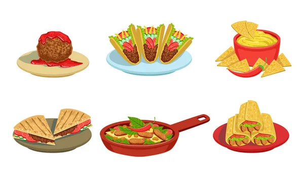 Kolekce delikátní mexické kuchyně Jídlo Jídla, Burrito, Tacos, Nachos, Braised Beans, Meatball Vector Illustration — Stockový vektor