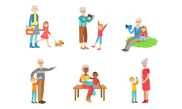 Grandparents Spending Time with Grandchildren Set, Grandfather and Grandmother Playing, Walking, Reading Books with their Grandsons and Granddaughters Vector Illustration — Stock Vector