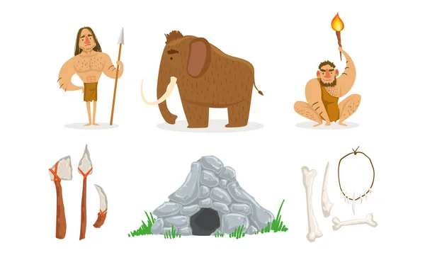 Prähistorische Steinzeit-Set, primitive Menschen, Mammut, Waffe, Steinhöhlenvektorillustration — Stockvektor