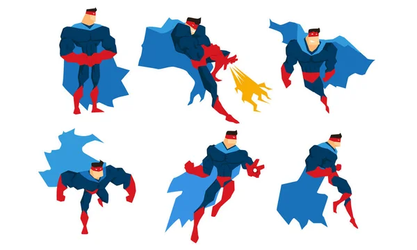 Strong Character Set, Comic Superhero in Different Action Poses Vector Illustration — Stock Vector
