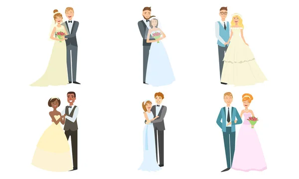 Conjunto de casais recém-casados felizes, recém-casados elegantes, noiva e noivo celebrando casamento Vector Ilustração — Vetor de Stock