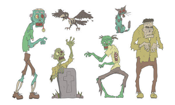 Walking Decaying Zombies Set, Undead People and Anime, Zombie Apocalypse Vector
