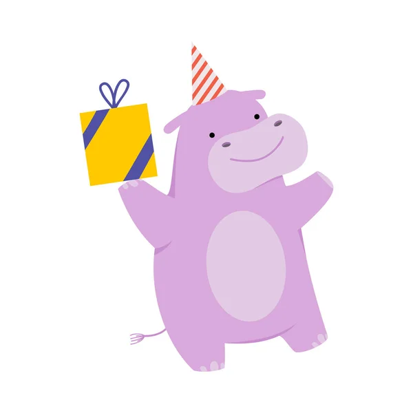 Cartoon nijlpaard met een gave. Vector illustratie op een witte achtergrond. — Stockvector