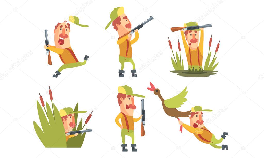 Collection of Funny Hunter Cartoon Character in Different Situations Vector Illustration