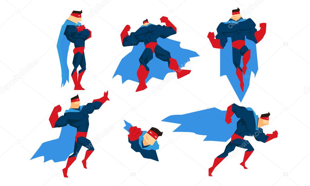 Strong Superman Character Set, Comic Superhero in Blue Cape in Different Action Poses Vector Illustration