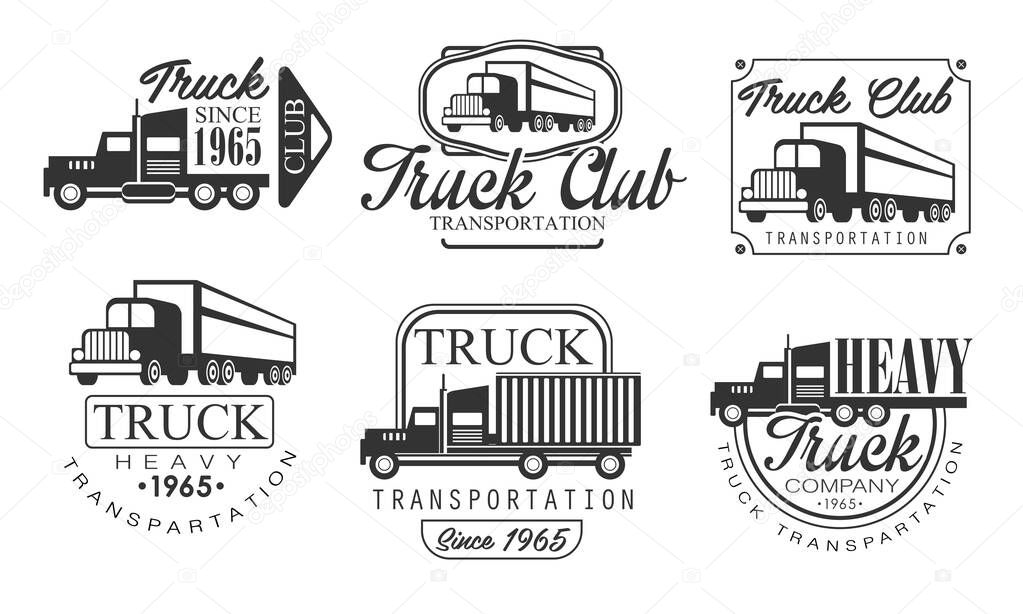 Truck Club Retro Labels Set, Heavy Transportation Monochrome Badges Vector Illustration on White Background.