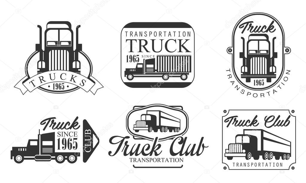 Truck Club Retro Labels Set, Heavy Transportation Vintage Monochrome Badges Vector Illustration on White Background.