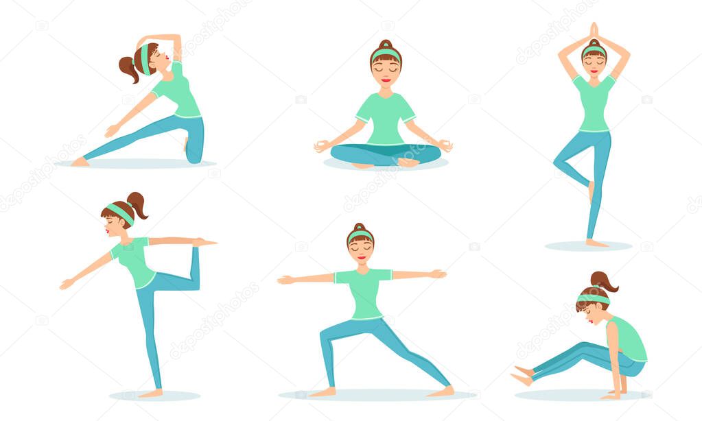 Girl Practicing Yoga Exercises Set, Young Woman Performing Physical Exercises and Demonstrating Various Yoga Positions Vector Illustration