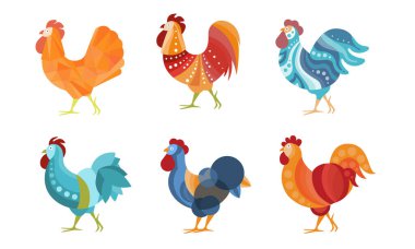 Yaratıcı renklerde horozlar. Vektör illüstrasyonu.