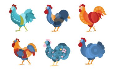 Yaratıcı desenli horozlar. Vektör illüstrasyonu.