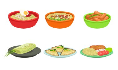 Tabaklarda hazır yemekler. Vektör illüstrasyonu.