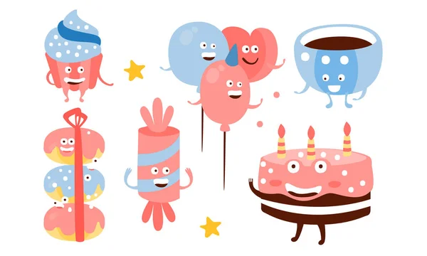 Set di attributi umanizzati rosa e blu per un compleanno. Illustrazione vettoriale . — Vettoriale Stock