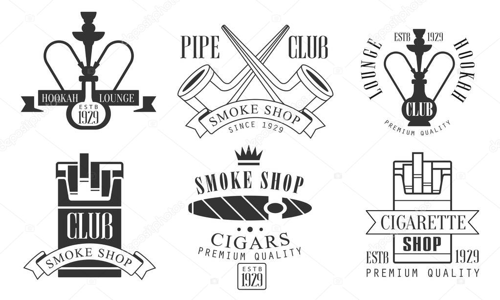 Set of black and white logos for a smoking club. Vector illustration.
