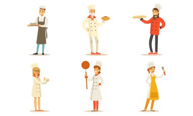 Aşçılar Mutfak Aletleri ve Yeni Hazırlanmış Bulaşık Vektörü İllüstrasyonu Üniformalı Profesyonel Mutfak Mutfağı