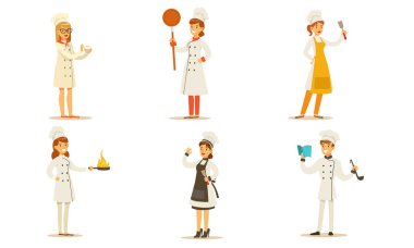 Aşçılar Aşçılık ve Servisi Çeşitli Yemekler, Üniformalı Profesyonel Mutfak Malzemeleri İllüstrasyonu