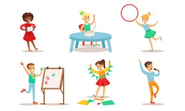 Okul Çocukları Hobileri Seti, Gençler Erkek ve Kız Nakış, Jimnastik, Müzik Çalma, Şarkı Söyleme, Resim Vektörü İllüzyonu
