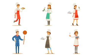 Aşçılar Mutfak Aletleri ve Lezzetli Tabaklar İllüstrasyonu Üniformalı Profesyonel Mutfak Mutfağı