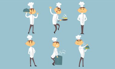 Komik Çizgi Film Erkek Aşçı Karakterleri Seti, Beyaz Üniformalı Profesyonel Aşçı Farklı Eylemler Vektör İllüzyonu