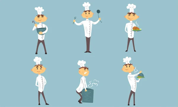 Conjunto de personagens engraçados dos desenhos animados do chef masculino, cozinheiro profissional alegre em uniforme branco em diferentes ações ilustração vetorial — Vetor de Stock