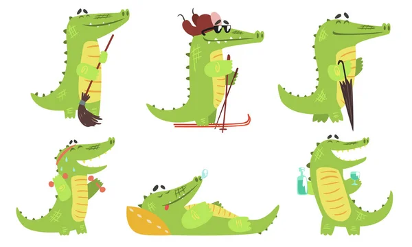 Cute Crocodile Cartoon Character in Different Situations Set, Funny Humanized Reptile Animal Vector Illustration