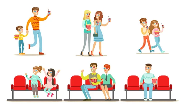 Les gens dans le décor du cinéma, Hommes, Femmes et Enfants Regarder un film dans le cinéma en 3D Lunettes Illustration vectorielle — Image vectorielle