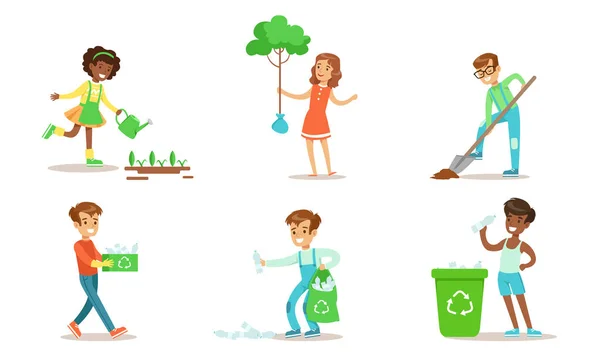 Children Volunteering in the Garden or Park Set, Teen Boys and Girls Planting Trees, Watering Seedlings, Gathering Garbage Vector Illustration Stock Illustration