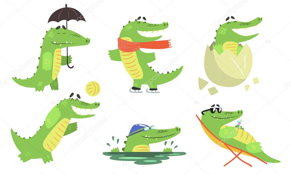 Cute Crocodile Cartoon Character Set, Funny Humanized Reptile Animal Different Activities Vector Illustration
