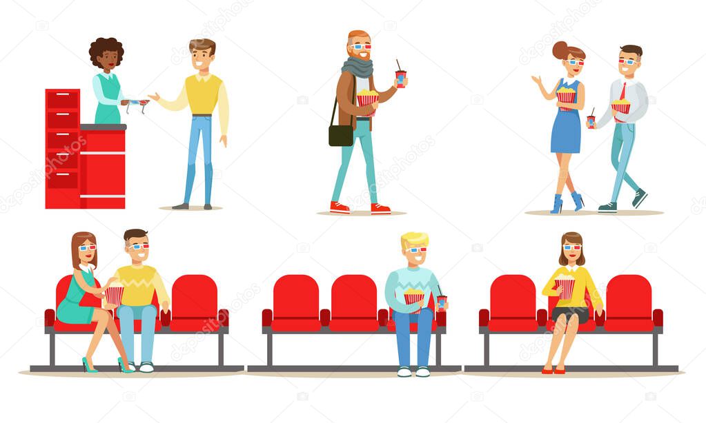 People in the Cinema Set, Young Men and Women Watching Movie in Cinema Theater in 3d Glasses Vector Illustration