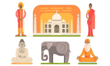 Traditional National Indian Symbols Set, Indian People, Taj Mahal, Buddha Statue, Yogi, Elephant Vector Illustration clipart