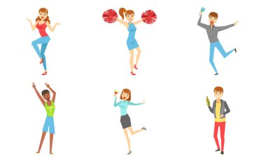 Halkın Seti, Dans eden, Zıplayan, İçen Alkol İçen Genç Erkek ve Kadın İllüstrasyonları