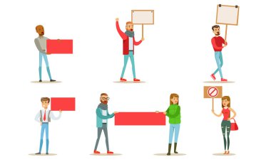 Protestocular: Set Halkı, Boş Sancaklar Tutan Kadın ve Erkekler, Siyasi Toplantı, Yürüyüş Vektör İllüzyonuna Katılan Eylemcileri Gösteriyor