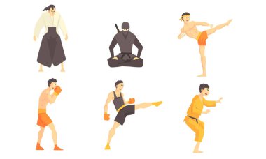Asya Dövüş Sanatları Dövüşçüleri Seti, Farklı Teknikler Çalışan Erkek Sporcular, Aikido, Ninjutsu, Kickbox, Boks Vector Illustration