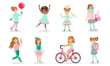 Farklı Faaliyetler Yapan Güzel Kızlar Seti, Moda Giyimli Sevimli Kızlar Vektör İllüzyonu