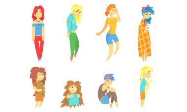 Üzgün ve Depresyon Kızları Koleksiyonu, Mutsuz Genç Kadınlar, Depresyon Konsepti İllüstrasyonu