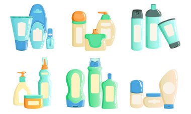 Kozmetik ve Ev Malzemeleri Koleksiyonu, Boş Konteynırlar, Pompa Şişeleri, Kavanozlar, Tüpler, Farklı Renk Vektör Resimleri