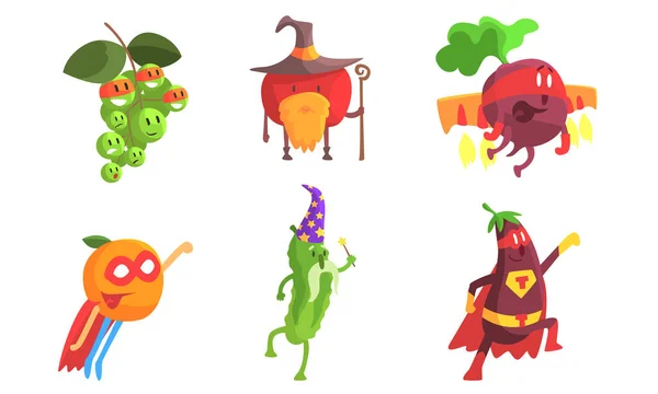 Funny Fruits and Vegetables Characters Wearing Wizard and Superhero Costume Set, Uva, Mela, Barbabietola, Arancione, Cetriolo, Melanzane Vector Illustration — Vettoriale Stock