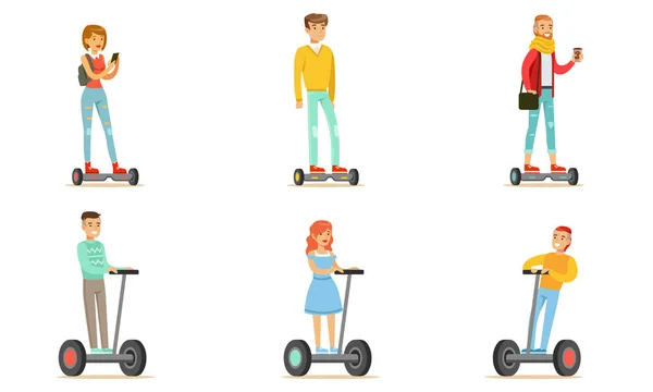People Riding Self Balancing Scooters or Hoverboard, Young Men and Women Using Modern Individual Electric Transport Vector Illustration
