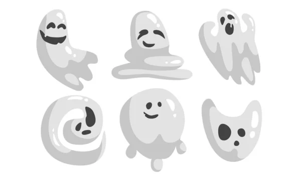 Cute White Ghost Cartoon Character Set, Funny Halloween Scary Ghostly Monster Vector Illustration — Stock Vector